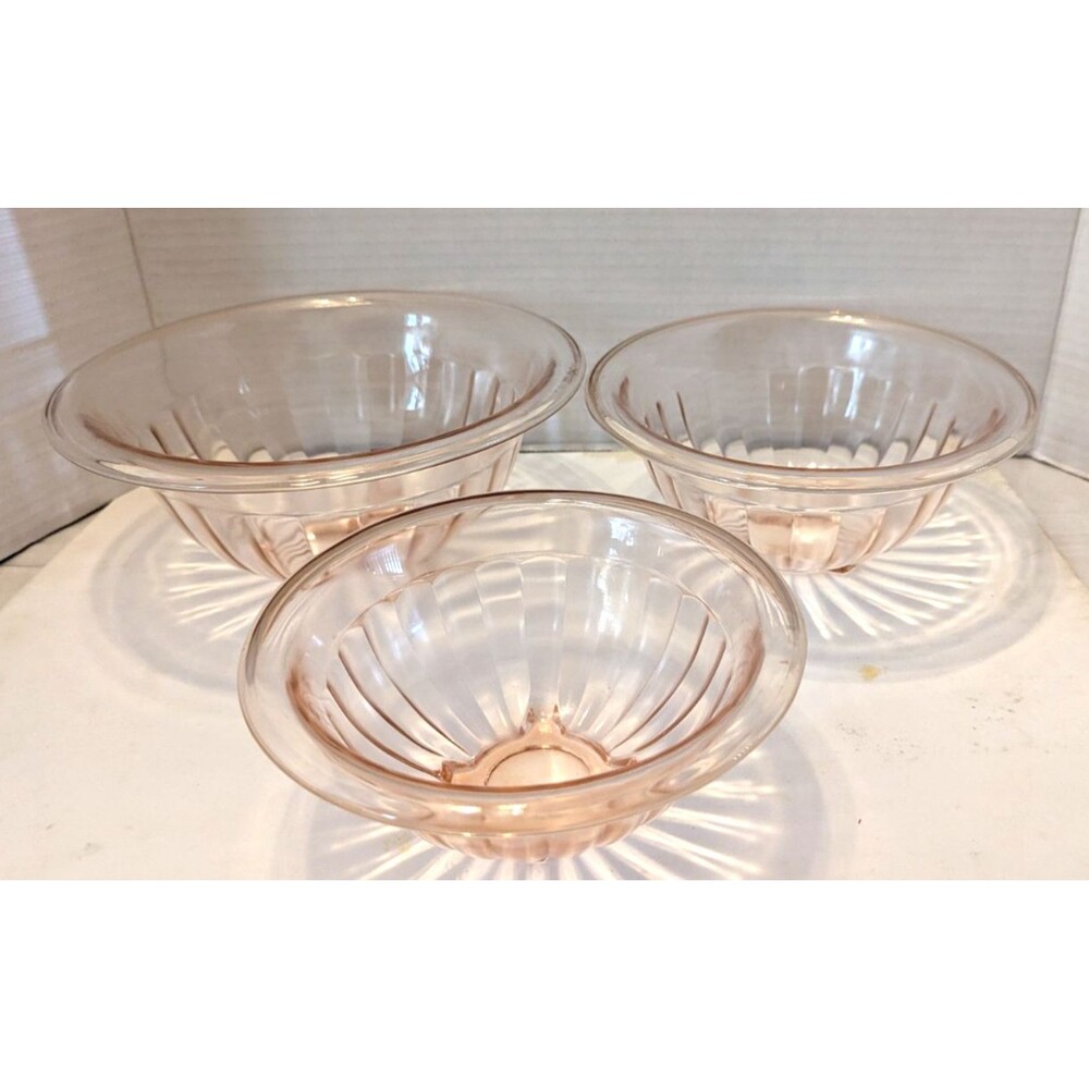 Vtg Hazel Atlas Pink Pillar Optic Ribbed Depression Glass Mixing Bowl Set of 3